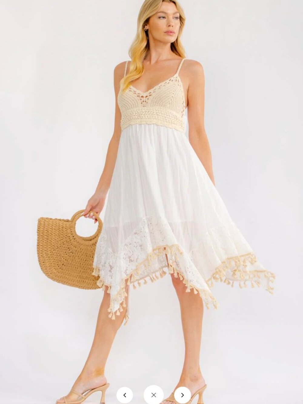 Boho NWT Handkerchief mini Dress S-M-L Crochet Bodice White & tan